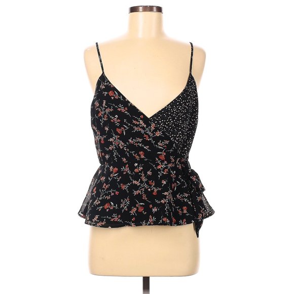 paper crane Black Multicolor Floral Double Print Surplice Wrap Peplum Tank Top - Picture 9 of 14